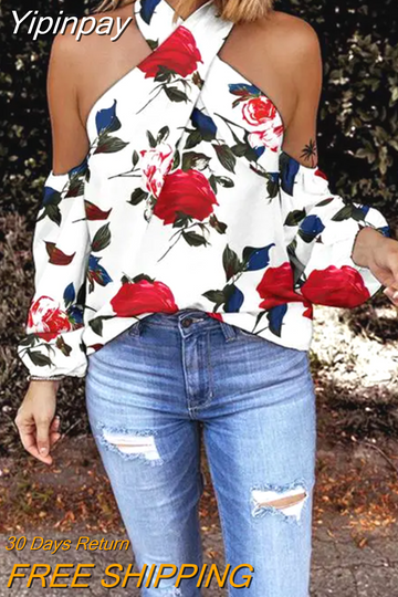 Yipinpay summer new fashion women Leaf Print Crisscross Halter Cold Shoulder Top